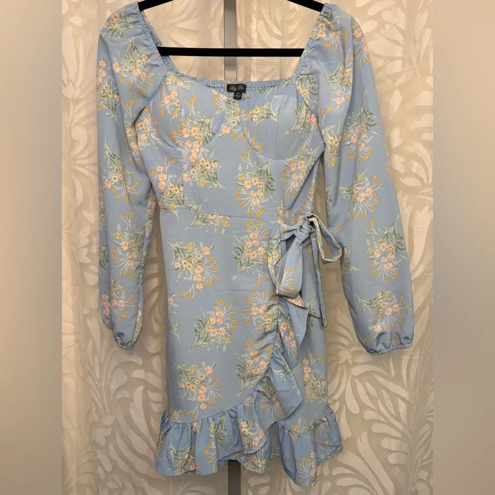 Lily Rose Light Blue Floral Padded Bra Long Sleeve Ruffle Dress - Picture 1 of 7